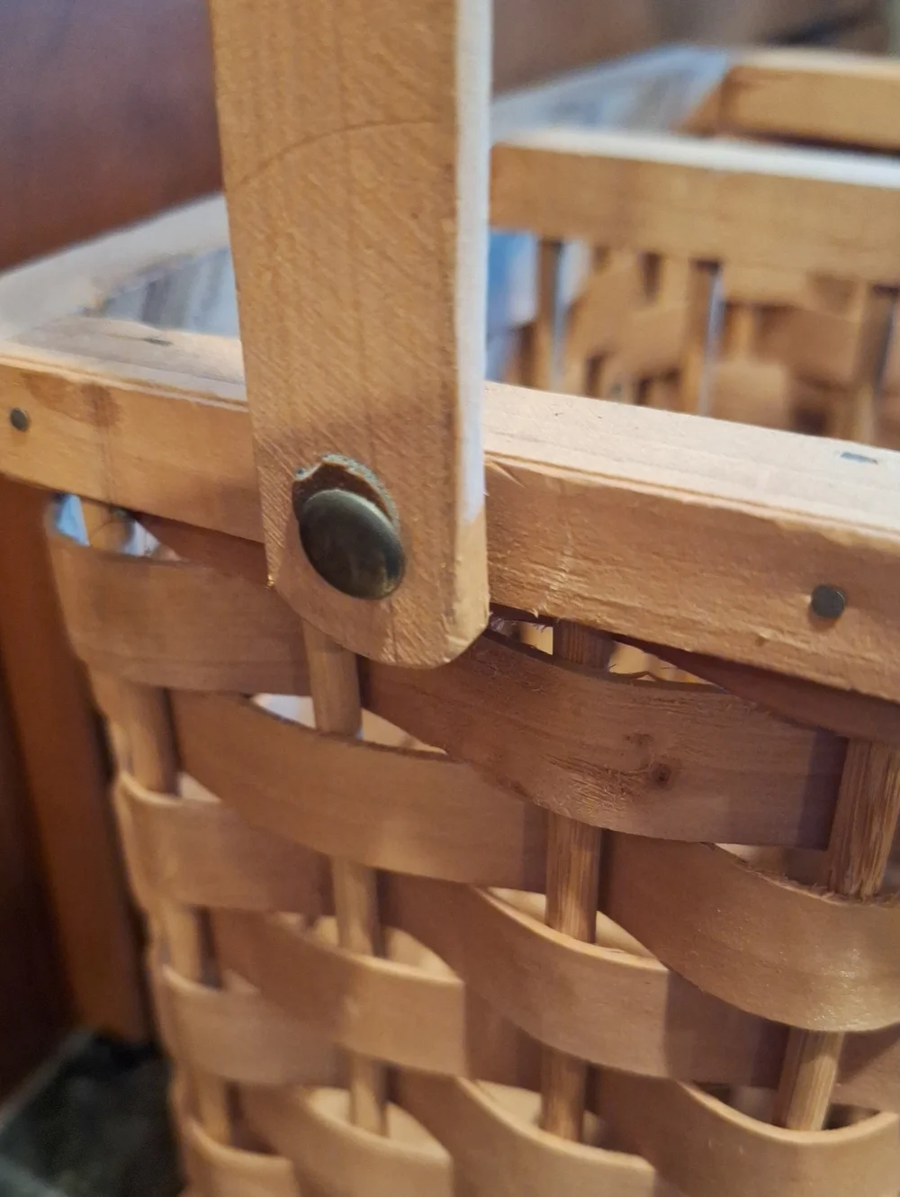 Hand Crafted Natural Wood Woven Basket with Tall Handle